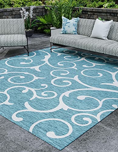 Unique Loom Outdoor Botanical Collection Area Rug - Curl (10' 8" Square, Teal/…