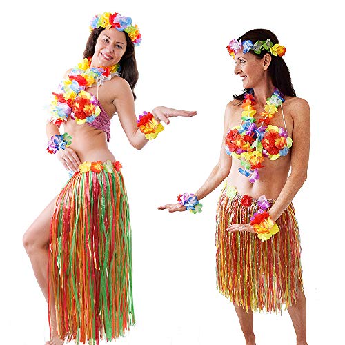 Hula Skirt Hawaiian Grass Skirts with Flower Leis Costume Set Luau Grass and Hawaiian Flower Bracelets, Bra, Headband, Necklace