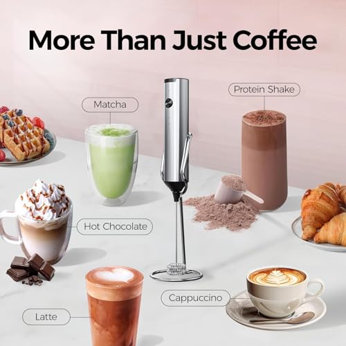 Electric Milk Frother Handheld, Rechargeable 3-Speed Mini Frother Wand with 2 Whisks Stand Portable Stainless Steel Stirrer for Coffee Latte, Cappuccino Hot Chocolate Protein Shakes Matcha