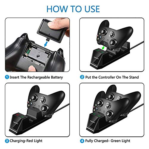 ONETEKS Xbox One Controller Charger with 2X 1200mAh Rechargeable Battery Packs Dual Xbox Controller Charging Station for Xbox One/One S/One X/One Elite(Black)