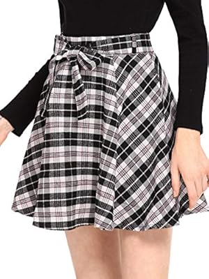 Milumia Women Plaid Mini Skater A line Skirt Belted Zipper Pleated Business Casual Black M