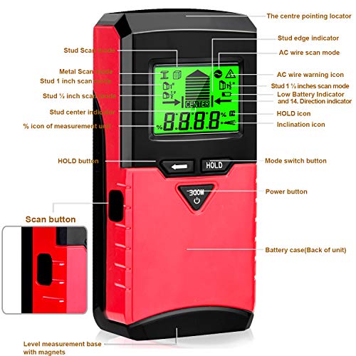Joypea Stud Finder Wall Scanner,4 in 1 Multi Scanning Wall Sensor with Digital LCD Display Sound Warning for Studs/Wood/Metal/Live AC Wires Detection，Level Angle Detection - Thumbnail 2