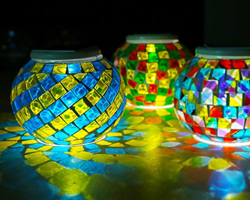 Christmas Solar Garden Table Light Mosaic Glass Ball Light with Color Changing Waterproof Outdoor Light Decorations for Christmas Halloween Decarations ,Outdoor Lawn (Yellow+Blue)