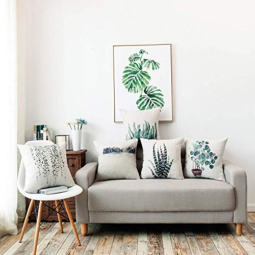 YeeJu Set of 4 Green Plant Throw Pillow Covers Decorative Cotton Linen