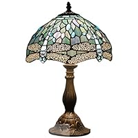 Tiffany Lamp 18 Inch Tall Sea Blue Stained Glass Dragonfly Crystal Style Shade Accent Antique End Bedside Art Table Desk Light Decorative Living Room Bedroom College Dorm S147 WERFACTORY