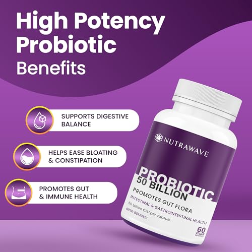 Nutrawave 50 BILLION Probiotics Women & Men, 15 Strains Active Culture. Relieves Bloating and Constipation, Improved Digestion and Gut Health Supplement, Non-GMO, Vegan, Gluten Free. 60 Vegan Capsules/ 60 Day Supply