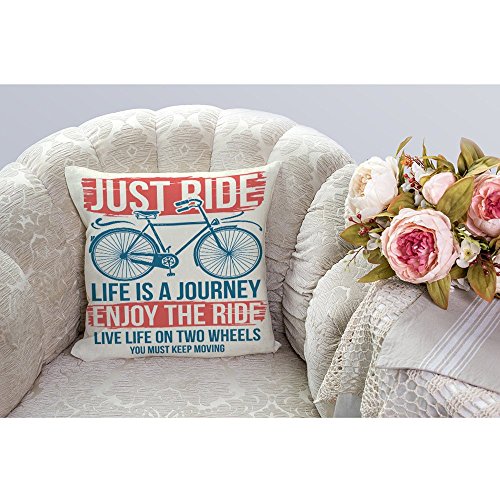 HGOD DESIGNS Throw Pillow Cover Bicycle with Letter Just Ride Friendly and Healthy Travel Slogan Graphic Home Decorative Pillow Cases Cotton Linen Square Cushion Covers For Sofa Couch 18x18 Inch