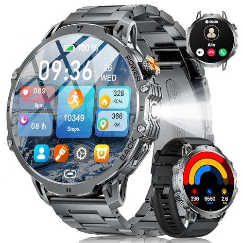 2026 Men's Military Smart Watch-1000 mAh/1.85'' HD Screen,IP68 Waterproof Smartwatch with LED Lamp,130+ Sports Modes,Fitness Watch with Heart Rate/Sleep Monitor,iOS Android