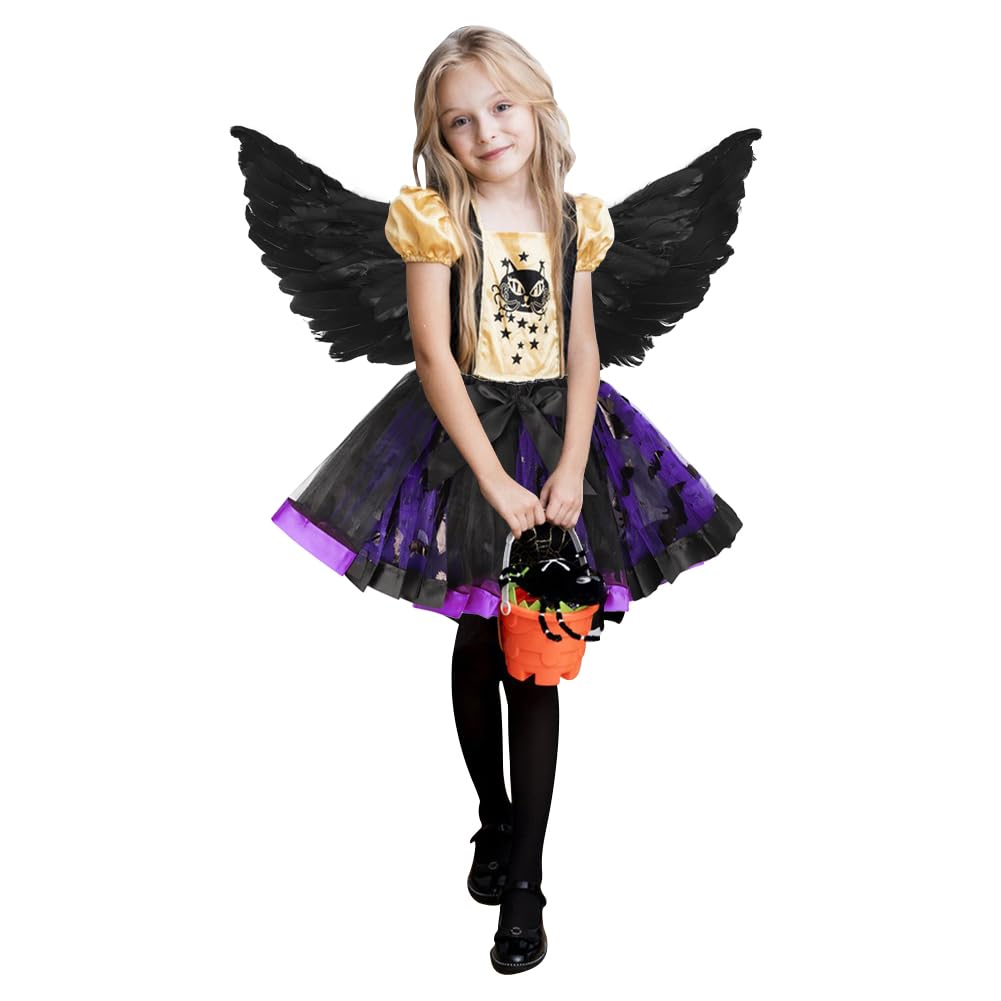 Girls Black Devil Halloween Costume with Tutu & Feather Angel Wings Devil Fancy Dress Up Outfit Printed Mesh Tutu Skirt for Girls Age 3-4/5-6 Years Halloween Cosplay Dress up Drama Performance Costume