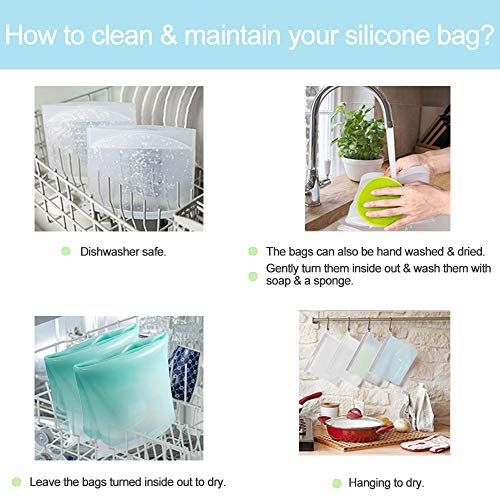 Reusable Silicone Food Storage Bags (Set of 6)-2xLarge 50oz, 2xMedium 30oz, 2xSmall 16oz, Sungwoo Airtight Seal Food Bag for Sandwich, Fruits, Liquid, Snack, Freezer, Microwave, Dishwasher Safe