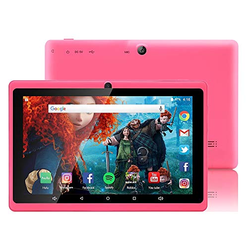 7 inch Tablet Google Android 8.1 Quad Core 1024×600 Dual Camera Wi-Fi Bluetooth 1GB/8GB Play Store Netflix Skype 3D Game Supported GMS Certified (Pink)