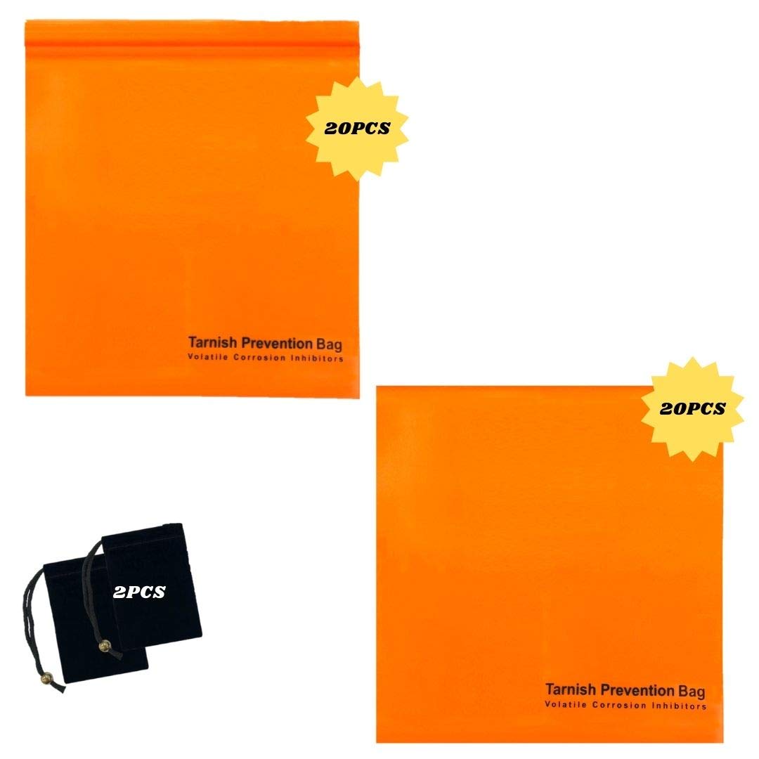 A-ONE 6” x 6” Premium Silver Jewelry Tarnish Prevention Bags for Weapon Brass, Zip Closure Bag & Open Ended Bag 40pcs and 2 Velvet Bags (Without Tarnish Prevention Function)