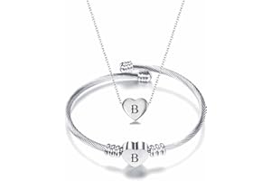 MYNENEY NIBASTAR Heart Name Necklace and Bracelet for Women Stainless Steel A-Z letters Initial Statement Jewelry Set for Mother's Day