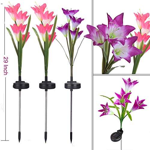 Outdoor Solar Garden Stake Lights, 3 Pack Solar Powered Flower Lights with 12 Lily Flower, Multi-Color Changing LED Solar Landscape Decorative Lights for Garden, Patio, Backyard(Solar Flower Lights)