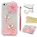 iPhone SE Case,iPhone 5S Case,iPhone 5 Case - Mavis's Diary 3D Bling Handmade Pink Love Heart Flowing Liquid with Flower Butterfly Shiny Diamond Clear Hard Cover with Cute Dust Plug & Crystal Pen