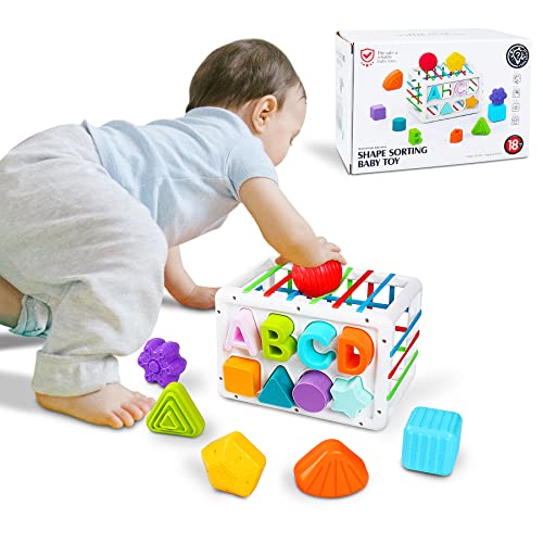 Baby Shape Sorting Toy, Sensory Sorting Bin with 14 Colorful Textured
