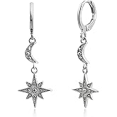 Watforsh Small Silver Crescent Moon and Star Earrings Drop Dangle Leverback Earrings Space Celestial Hypoallergenic Jewelry