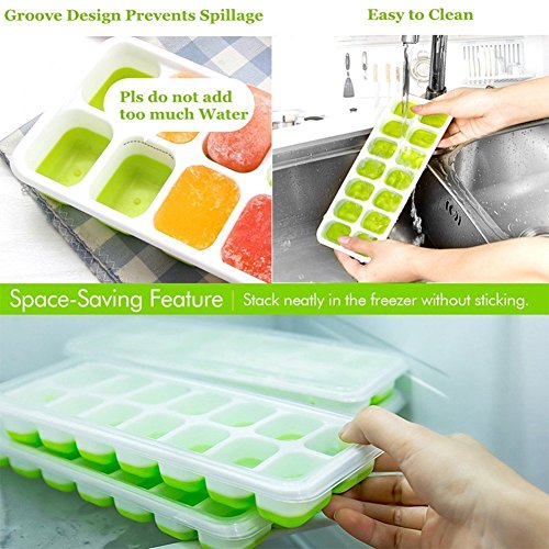 Ice Cube Trays Silicone,Ice Cube Mold Ice Tray Spill Resistant Lids 4 Pack and Flexible Reusable 14-Ice Trays Set with Lid Stackable BPA Free Dishwasher Safe Ice Cube Maker Storage Containers - Thumbnail 3