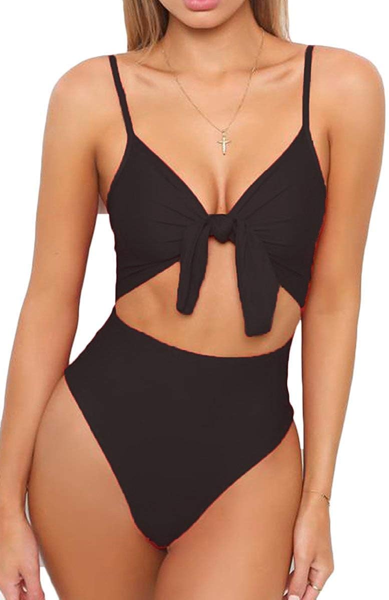 coscoach Womens High Waisted Bikini Spaghetti Strap Tie Knot Front Cutout High Cut One Piece Swimsuit