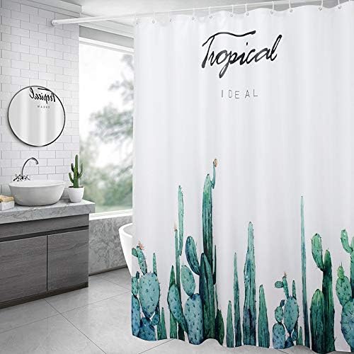 Aoohome Fabric Cactus Shower Curtain, Heavy Duty Bath Curtain with Weighted Hem, Waterproof, White Green, 70x72 inch