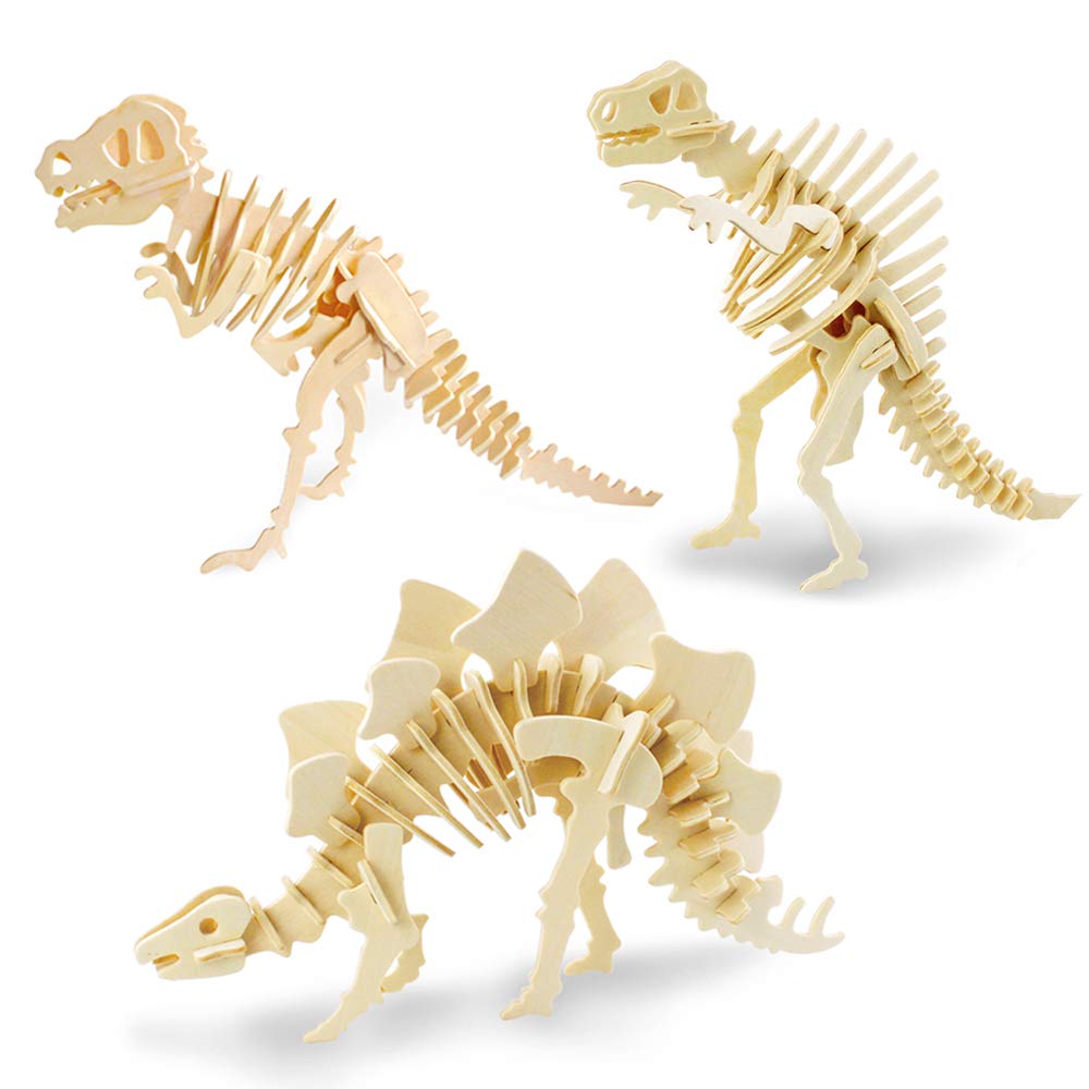 Georgie Porgy 3D Wooden Puzzles for Kids Toys Construction Woodcraft Kits DIY Model Puzzle Kits Birthday Gifts Pack of 3 (T-Rex Spinosaurus Stegosaurus)