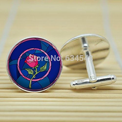 Pretty Lee Beauty And The Beast Rose Stained Glass Window Belle In Silver Cufflinks Glass Cabochon Cufflinks C3764