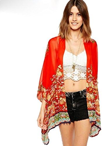Overmal Women Printed Chiffon Cardigan Blouse Shawl Kimono Jacket (Asia S)
