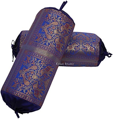 Osian Krafts Brocade & Polydupion Silk Decorative Bolster Covers 30x15 Inches Set of 2 Pcs, Dark Blue