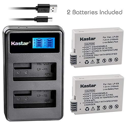 Kastar Battery (X2) & LCD Dual Slim Charger for Canon LP-E8, LC-E8E and Canon EOS 550D, EOS 600D, EOS 700D, EOS Rebel T2i, EOS Rebel T3i, EOS Rebel T4i, EOS Rebel T5i Cameras, Grip BG-E8