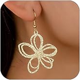 Exquisite Big Gold Flower Hoop Earrings for Women Trendy, Gold Floral Earrings Exaggerated Large Flower Frame Drop Dangle Hook Earrings Jewelry Gifts