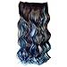 Stepupgirl Hair Extension 23 Inch Dark Brown Sky Blue and Sapphire 3 Mixed Color Curly Full Head Synthetic Clip on Wig Hairpiece