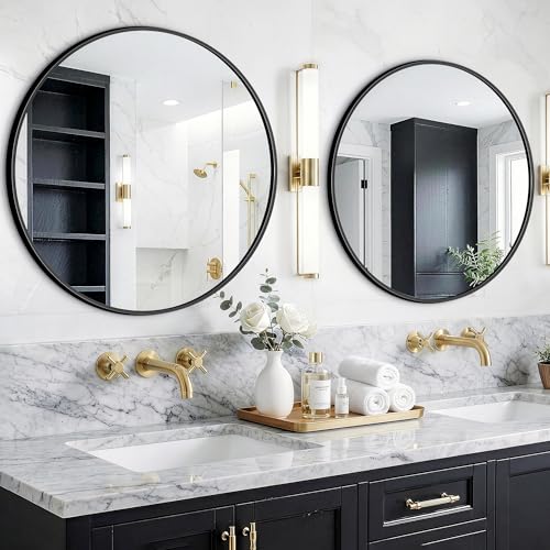 Round Bathroom Mirror for Wall, 2 Pack 26" Black Circle Mirror, Tempered Glass Bathroom Mirror for Over Sink, Modern Metal Framed Round Vanity Mirror for Entryway, Bedroom, Living Room