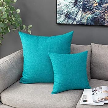Kevin Textile Decorative Linen Pillowcases for Couch/Sofa/Bed/Car, Honey Yellow Striped Star Both Sides, 26x26-inch (66x66cm), 2 Pieces, Peacock Blue