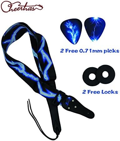 Cheerhas Guitar Strap Includes 2 Strap Locks &amp; 2 Matching Picks. Adjustable Polyester with Leather Ends Blue Lighting Printing for Acoustic Electric Classical Guitar (Blue Light)