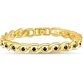 True Religion Black Cubic Zirconia 9 Inch Long Curb Chain Bracelet for Men 14K Yellow Gold Plated Brass