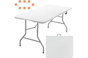 SKOK 330lbs Folding Picnic Table 8 Foot, 8FT Long Plastic Picnic Table Portable with Carry Handle, White Tailgating Utility Commercial Craft Table with Heavy Duty Frame for Party & Events