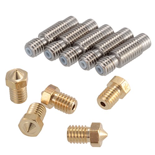 PChero 5pcs 3D 0.4mm Extruder Brass Nozzle Printer Head + 5pcs 1.75mm Stainless Steel Nozzles Throat with PTFE Tube, for V6 Makerbot Printer