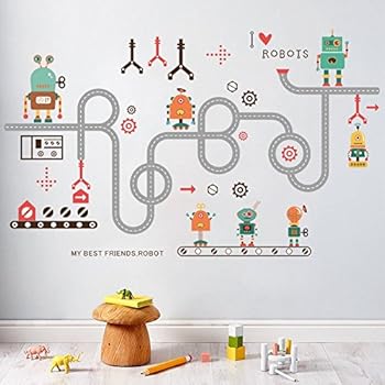 LiveGallery Removabele Transports and Roads Kids Wall Decals Wall Stickers DIY Curved Road Robot Wall Decal Peel and Stick Art Decor for Kids Bedroom Babys Nursery Room Living Rooms Wall Decoration