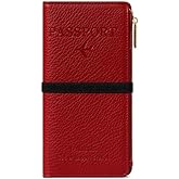 DOB SECHS Leather Passport Holder, RFID Blocking Passport Wallet Credit Cards Case for Women, Travel Accessories Organizer Pouch Bag with ID Window+Zippered Cash Pocket+SIM Slots, Red