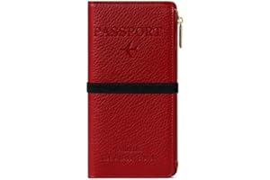 DOB SECHS Leather Passport Holder, RFID Blocking Passport Wallet Credit Cards Case for Women, Travel Accessories Organizer Pouch Bag with ID Window+Zippered Cash Pocket+SIM Slots, Red