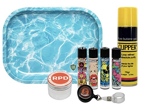 Clipper Lighter”Psychedelic” Collection, Small Clipper Butane, Rolling Paper Depot Grinder (42mm), Leaf Lock Gear Rolling Tray (Ripple), with Lighter Lasso