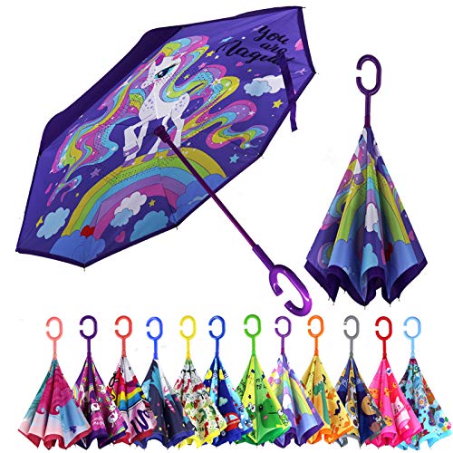 MRTLLOA 40/49/56 Inch Oversize Windproof Inverted Reverse Upside Down Umbrella, Golf Size Rain Umbrella, Double Layer, C-Shaped Handle for Men, Women and Kids