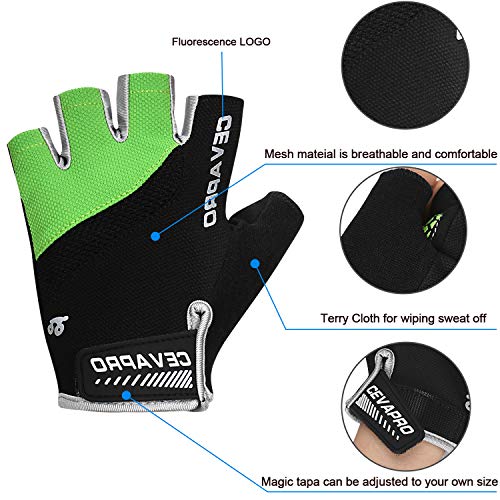 Cevapro Cycle Gloves Mountain Road Bike Gloves Half Finger Bicycle Gloves with Anti Slip Shock-Absorbing Gel Pad Cycling Riding Biking Gloves MTB DH Road Bicycling Gloves for Men Women (Green, S)