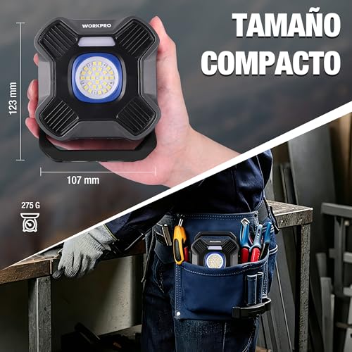 WORKPRO Rechargeable LED Spotlight with Magnets, 5 Modes, 180° Rotating Base, 2000LM Portable Work Light, with 4000mAh Battery for Camping, Garden, Fishing, Garage and Emergencies