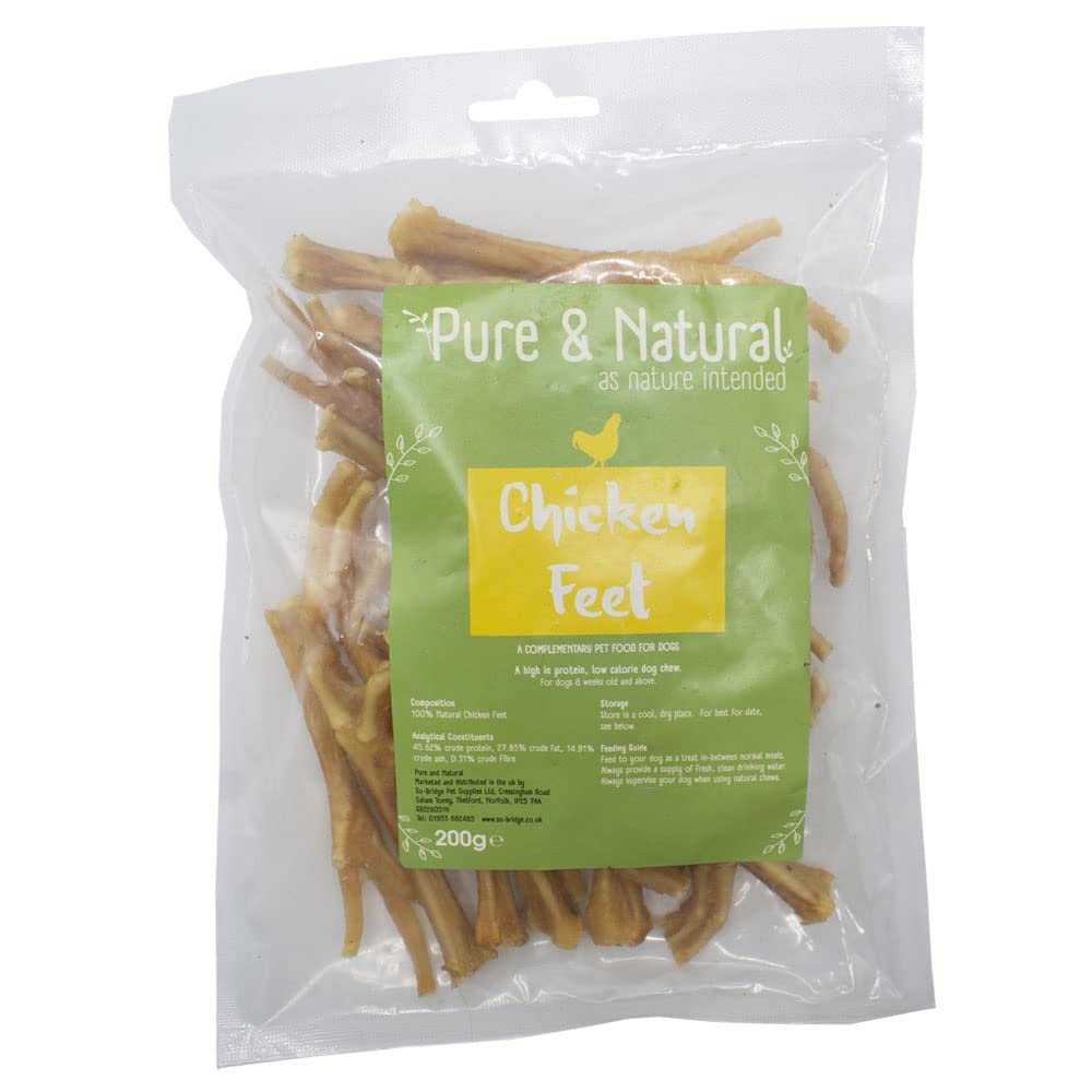 Pure & Natural Dried Chicken Feet Dog Treats - Natural Dog Treats, High Protein, Source of Collagen, Crunchy, 200g Bag