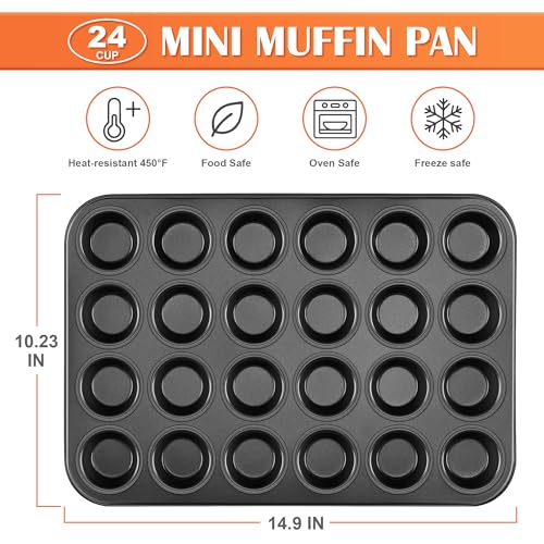 E-far Mini Muffin Pan - 24-Cup Nonstick Carbon Steel Cupcake Tin for Perfect Mini Muffins & Cupcakes, Warp-Free Bakeware for Even Baking & Easy Release, Oven Safe