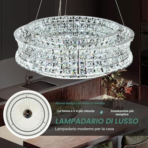 AOOCHOK Modern Crystal Chandelier for Dining Room, LED Chrome Pendant Lights, Round Crystal Pendant Light for Living Room, Hallway, Kitchen Island, D50cm