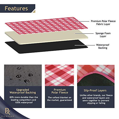 PicniKing Extra Large Waterproof Picnic Blanket (78"x59") | Slip Resistant | Premium Polar Fleece | Machine Washable | Foldable Tote | XL (Raspberry)