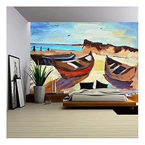 Hand-Draw Painting in Gouache. Marine Landscape - Removable Wall Mural | Self-Adhesive Large Wallpaper - 66x96 inches