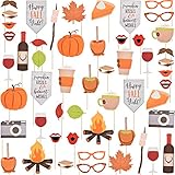 52 Pieces Happy Fall Yall Photo Booth Props Kit Thanksgiving Day Harvest Festival Pumpkin Party DIY Costumes Props with Wooden Sticks for Party Decorations